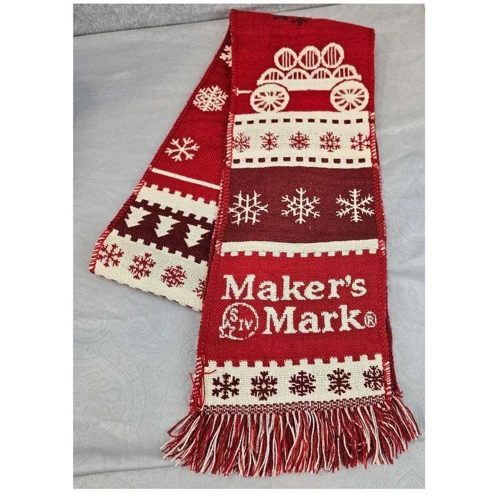 Makers Mark Bourbon Whiskey Holiday Scarf Red White Snowflake Knit Fringe Logo